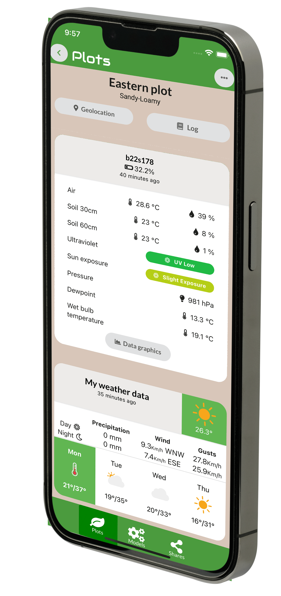 Brad mobile app showing plot data